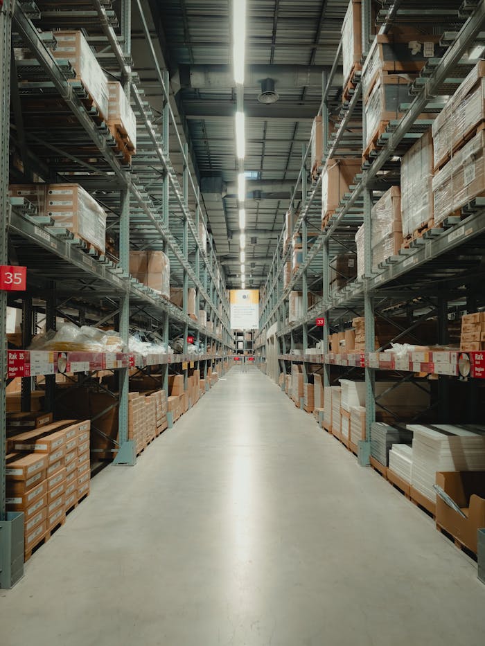 pexels photo 24862481 Spacious warehouse aisle with shelves filled with neatly stacked products and pallets.